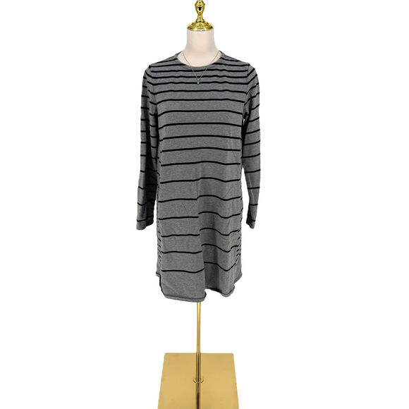 J. Jill Stripe Dress Medium TALL Gray Terry Cotton Long Sleeve Pockets Boho Warm - Picture 3 of 13